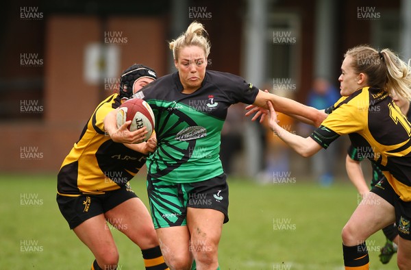 200517 - WRU Women's Super Cup Finals Day -  Llandaff North v Seven Sisters - Plate Final -  Carol Ann Burt of Seven Sisters  takes on Amberley Ruck and  Lora Roberts of Llandaff North 