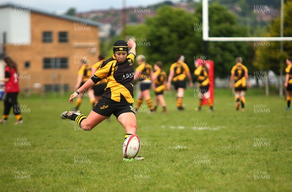 200517 - WRU Women's Super Cup Finals Day -  Llandaff North v Seven Sisters - Plate Final -  Ambereley Ruck of Llandaff North kicks at goal 