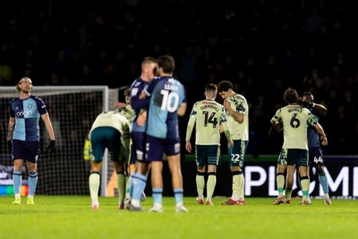 010126 - Wycombe Wanderers v Cardiff City - Sky Bet League 1 - Players greet each other after the final whistle