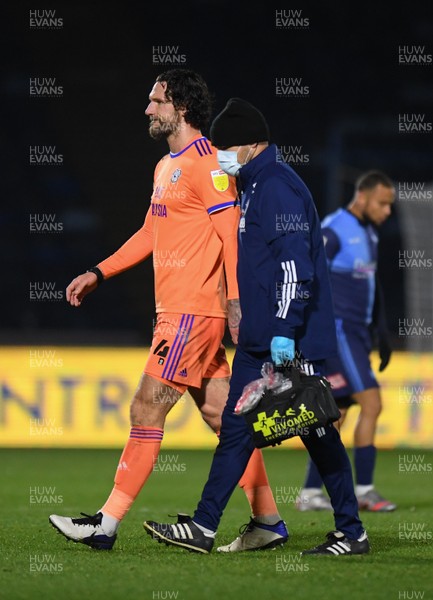 291220 - Wycombe Wanderers v Cardiff City - Sky Bet Championship - Sean Morrison of Cardiff City leaves the pitch injured in the first half
