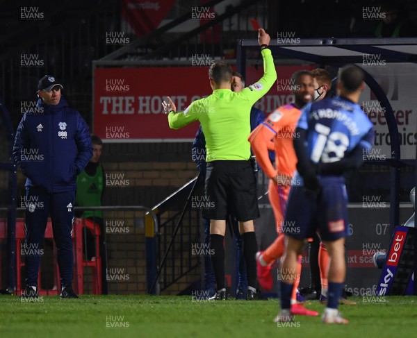 291220 - Wycombe Wanderers v Cardiff City - Sky Bet Championship - Cardiff City manager Neil Harris is shown a red card by Referee Leigh Doughty 