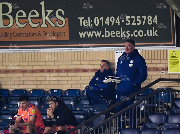 291220 - Wycombe Wanderers v Cardiff City - Sky Bet Championship - Cardiff City manager Neil Harris watches from the stands after being sent off