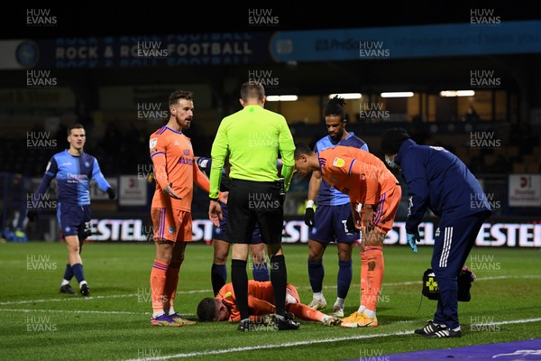 291220 - Wycombe Wanderers v Cardiff City - Sky Bet Championship - Joe Bennett of Cardiff City protests to Referee Leigh Doughty as Harry Wilson lies injured in the area after a challenge by Josh Knight of Wycombe Wanderers