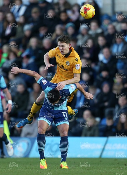 020117 - Wycombe Wanders v Newport County - SkyBet League Two - Mark Randall of Newport County collides with Sam Wood of Wycombe Wanderers by Chris Fairweather/Huw Evans Agency