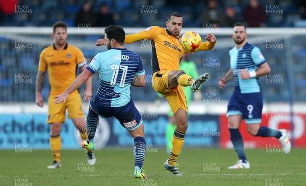 020117 - Wycombe Wanders v Newport County - SkyBet League Two - Paul Bignot of Newport County is challenged by Sam Wood of Wycombe Wanderers by Chris Fairweather/Huw Evans Agency