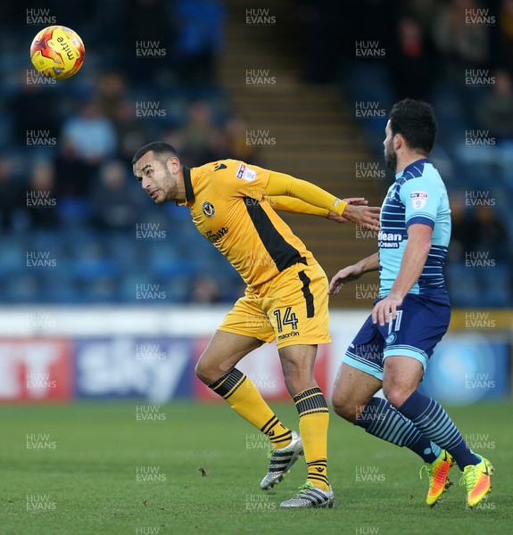 020117 - Wycombe Wanders v Newport County - SkyBet League Two - Paul Bignot of Newport County is challenged by Sam Wood of Wycombe Wanderers by Chris Fairweather/Huw Evans Agency