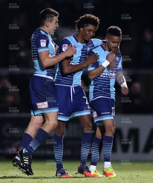 020117 - Wycombe Wanders v Newport County - SkyBet League Two - Paris Cowan-Hall of Wycombe Wanderers casually celebrates scoring a goal with Sido Jombati by Chris Fairweather/Huw Evans Agency