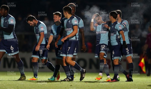 020117 - Wycombe Wanders v Newport County - SkyBet League Two - Paris Cowan-Hall of Wycombe Wanderers casually celebrates scoring a goal with team mates by Chris Fairweather/Huw Evans Agency