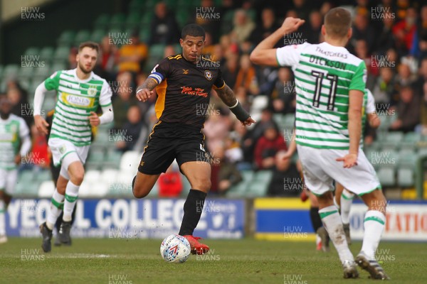 100318 - Yeovil Town v Newport County - EFL SkyBet League 2 - Joss Labadie of Newport County takes on Ryan Dickson of Yeovil Town 