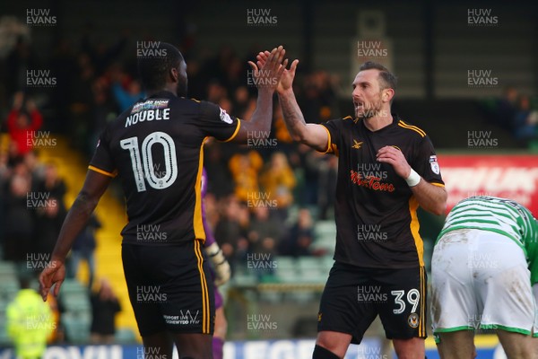 100318 - Yeovil Town v Newport County - EFL SkyBet League 2 - Paul Hayes of Newport County celebrates his goal with Frank Nouble 