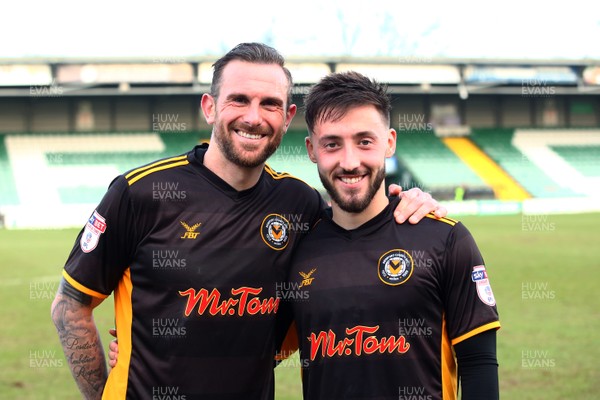 100318 - Yeovil Town v Newport County - EFL SkyBet League 2 - Goal scorers Paul Hayes(L) and Josh Sheehan of Newport County celebrate at the end of the game