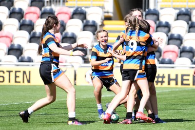 060525 - Ysfgol Bro Pedr v Bryncelynnog Comprehensive - Girls Schools U14s Cup Final - Sophie Letman of Bryncelynnog celebrates scoring a try with team mates
