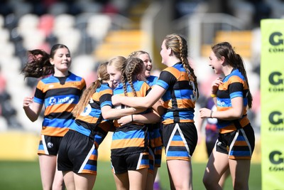 060525 - Ysfgol Bro Pedr v Bryncelynnog Comprehensive - Girls Schools U14s Cup Final - Ava Rees of Bryncelynnog celebrates scoring a try with team mates