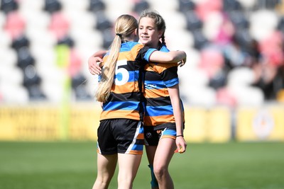 060525 - Ysfgol Bro Pedr v Bryncelynnog Comprehensive - Girls Schools U14s Cup Final - Ava Rees of Bryncelynnog celebrates scoring a try with team mates