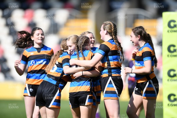 060525 - Ysfgol Bro Pedr v Bryncelynnog Comprehensive - Girls Schools U14s Cup Final - Ava Rees of Bryncelynnog celebrates scoring a try with team mates