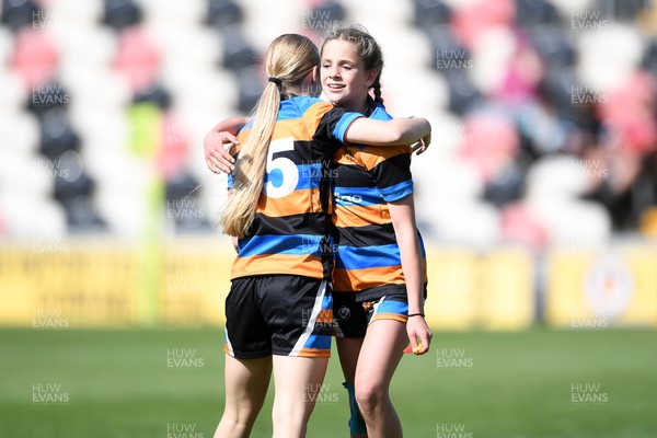 060525 - Ysfgol Bro Pedr v Bryncelynnog Comprehensive - Girls Schools U14s Cup Final - Ava Rees of Bryncelynnog celebrates scoring a try with team mates