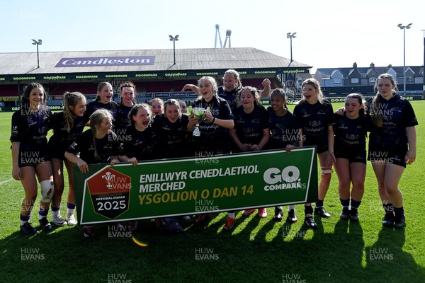 060525 - Ysfgol Bro Pedr v Bryncelynnog Comprehensive - Girls Schools U14s Cup Final - Both sides lift the trophy after the game ends in a draw