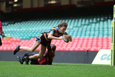 190324 - Ysgol Bryn Celynnog v Ysgol Godre’r Berwyn - WRU Welsh Schools Girls U12 Cup Final - Bryn Celynnog’s  Emie George scores a try