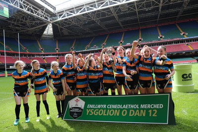 190324 - Ysgol Bryn Celynnog v Ysgol Godre’r Berwyn - WRU Welsh Schools Girls U12 Cup Final - Ysgol Bryn Celynnog celebrate winning 