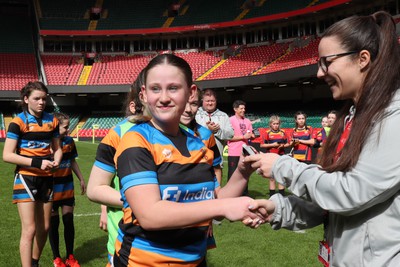 190324 - Ysgol Bryn Celynnog v Ysgol Godre’r Berwyn -  WRU Welsh Schools Girls U12 Cup Final - Players and Officials receive medals 