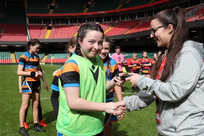 190324 - Ysgol Bryn Celynnog v Ysgol Godre’r Berwyn -  WRU Welsh Schools Girls U12 Cup Final - Players and Officials receive medals 