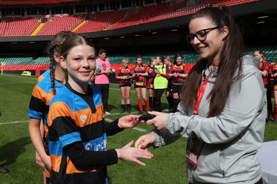 190324 - Ysgol Bryn Celynnog v Ysgol Godre’r Berwyn -  WRU Welsh Schools Girls U12 Cup Final - Players and Officials receive medals 