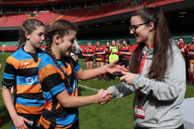 190324 - Ysgol Bryn Celynnog v Ysgol Godre’r Berwyn -  WRU Welsh Schools Girls U12 Cup Final - Players and Officials receive medals 