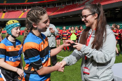 190324 - Ysgol Bryn Celynnog v Ysgol Godre’r Berwyn -  WRU Welsh Schools Girls U12 Cup Final - Players and Officials receive medals 