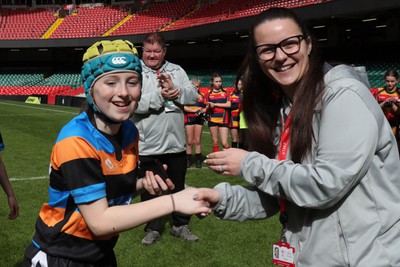 190324 - Ysgol Bryn Celynnog v Ysgol Godre’r Berwyn -  WRU Welsh Schools Girls U12 Cup Final - Players and Officials receive medals 