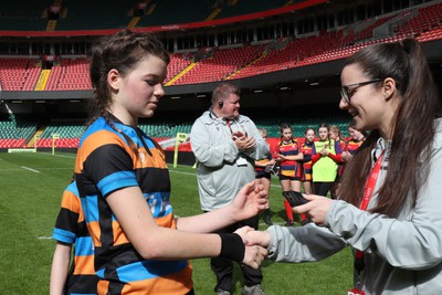 190324 - Ysgol Bryn Celynnog v Ysgol Godre’r Berwyn -  WRU Welsh Schools Girls U12 Cup Final - Players and Officials receive medals 