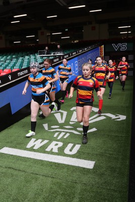 190324 - Ysgol Bryn Celynnog v Ysgol Godre’r Berwyn - WRU Welsh Schools Girls U12 Cup Final - Teams run out