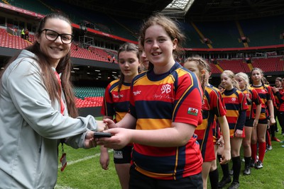 190324 - Ysgol Bryn Celynnog v Ysgol Godre’r Berwyn -  WRU Welsh Schools Girls U12 Cup Final - Players and Officials receive medals 