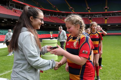 190324 - Ysgol Bryn Celynnog v Ysgol Godre’r Berwyn -  WRU Welsh Schools Girls U12 Cup Final - Players and Officials receive medals 