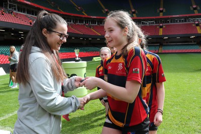 190324 - Ysgol Bryn Celynnog v Ysgol Godre’r Berwyn -  WRU Welsh Schools Girls U12 Cup Final - Players and Officials receive medals 