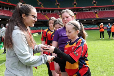 190324 - Ysgol Bryn Celynnog v Ysgol Godre’r Berwyn -  WRU Welsh Schools Girls U12 Cup Final - Players and Officials receive medals 