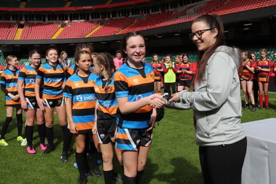 190324 - Ysgol Bryn Celynnog v Ysgol Godre’r Berwyn -  WRU Welsh Schools Girls U12 Cup Final - Players and Officials receive medals 