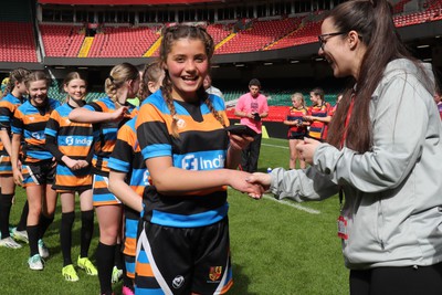 190324 - Ysgol Bryn Celynnog v Ysgol Godre’r Berwyn -  WRU Welsh Schools Girls U12 Cup Final - Players and Officials receive medals 