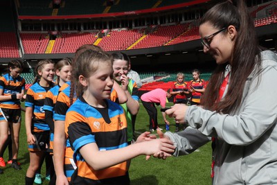 190324 - Ysgol Bryn Celynnog v Ysgol Godre’r Berwyn -  WRU Welsh Schools Girls U12 Cup Final - Players and Officials receive medals 