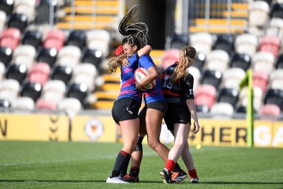 060525 - Ysgol Cwm Rhymni v Ysgol Bro Dur - Girls Schools U16s Cup Final - Mali Walker Hunt of Ysgol Bro Dur celebrates scoring a try with team mates