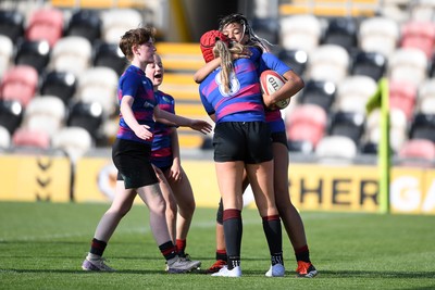 060525 - Ysgol Cwm Rhymni v Ysgol Bro Dur - Girls Schools U16s Cup Final - Mali Walker Hunt of Ysgol Bro Dur celebrates scoring a try with team mates