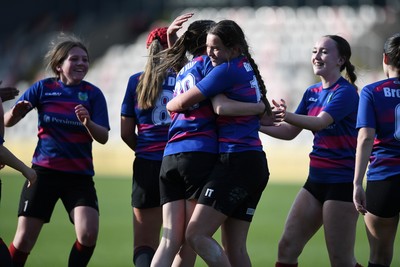 060525 - Ysgol Cwm Rhymni v Ysgol Bro Dur - Girls Schools U16s Cup Final - Milli Jenckins of Ysgol Bro Dur celebrates scoring a try with team mates