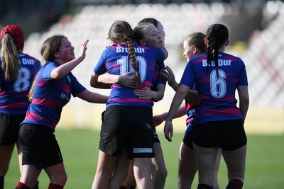 060525 - Ysgol Cwm Rhymni v Ysgol Bro Dur - Girls Schools U16s Cup Final - Milli Jenckins of Ysgol Bro Dur celebrates scoring a try with team mates