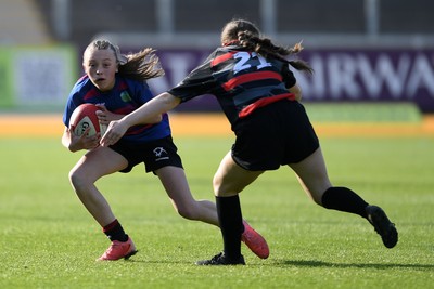 060525 - Ysgol Cwm Rhymni v Ysgol Bro Dur - Girls Schools U16s Cup Final - Bradey Murphey of Ysgol Bro Dur is challenged by Anwen Joseph of Ysgol Cwm Rhymni