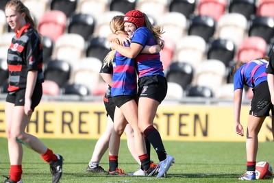 060525 - Ysgol Cwm Rhymni v Ysgol Bro Dur - Girls Schools U16s Cup Final - Mali Jones of Ysgol Bro Dur celebrates scoring a try with team mates