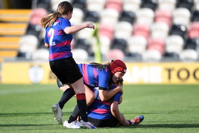 060525 - Ysgol Cwm Rhymni v Ysgol Bro Dur - Girls Schools U16s Cup Final - Isabelle Thomas of Ysgol Bro Dur celebrates scoring a try with team mates
