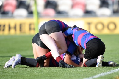 060525 - Ysgol Cwm Rhymni v Ysgol Bro Dur - Girls Schools U16s Cup Final - Isabelle Thomas of Ysgol Bro Dur celebrates scoring a try with team mates