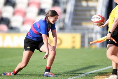 060525 - Ysgol Cwm Rhymni v Ysgol Bro Dur - Girls Schools U16s Cup Final - Isabelle Thomas of Ysgol Bro Dur celebrates scoring a try with team mates
