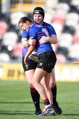 060525 - Ysgol Cwm Rhymni v Ysgol Bro Dur - Girls Schools U16s Cup Final - Isabelle Thomas of Ysgol Bro Dur celebrates scoring a try with team mates
