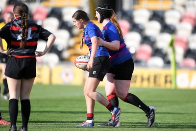 060525 - Ysgol Cwm Rhymni v Ysgol Bro Dur - Girls Schools U16s Cup Final - Isabelle Thomas of Ysgol Bro Dur celebrates scoring a try with team mates