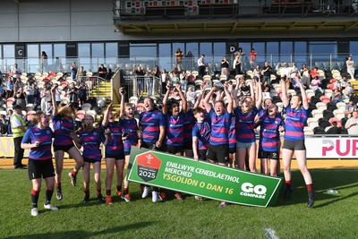 060525 - Ysgol Cwm Rhymni v Ysgol Bro Dur - Girls Schools U16s Cup Final - Ysgol Bro Dur celebrate lifting the trophy